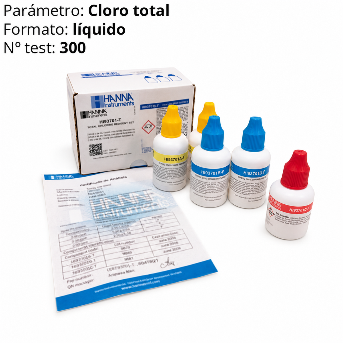 Reactivo líquido Hanna para Cloro Total 300 test — datos del producto