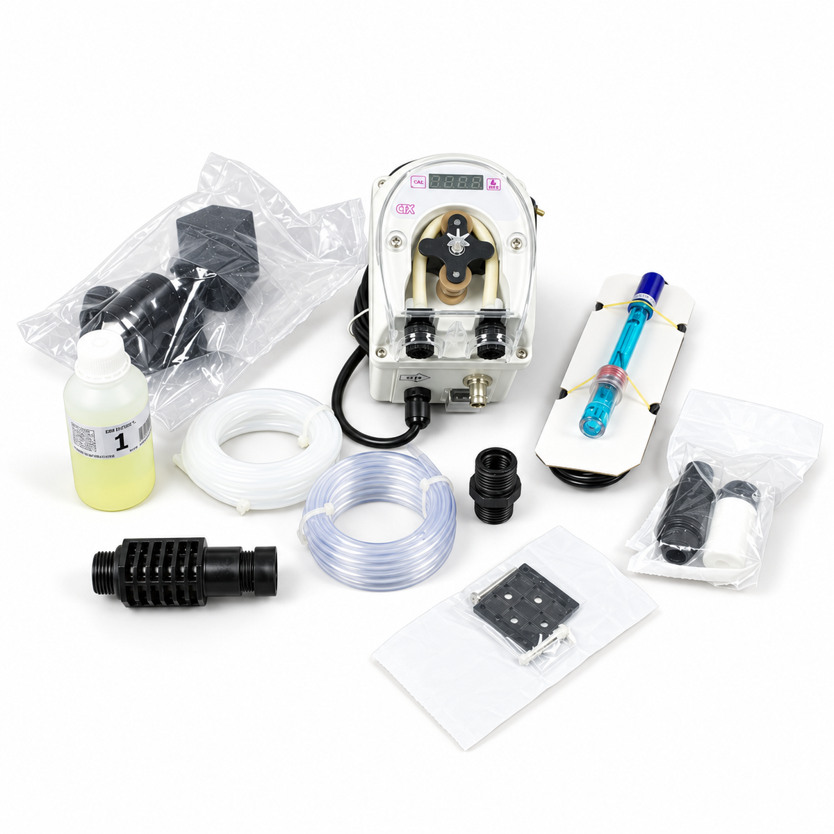 Bomba peristáltica Reguladora de pH CTX E-Series — kit completo sobre fondo blanco
