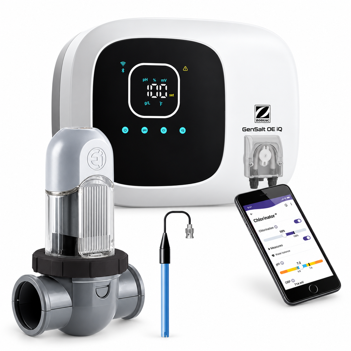 Clorador salino Zodiac GenSalt OE iQ pH Evo 25 g/h — equipo completo