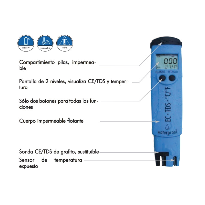 Hanna Tester CE, TDS y temperatura (rango alto) impermeable