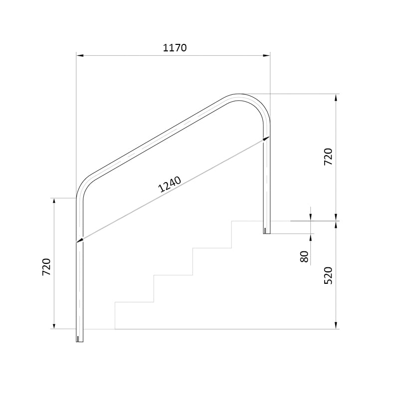 Pasamanos para piscina para empotrar de 1.220 mm. AISI-316
