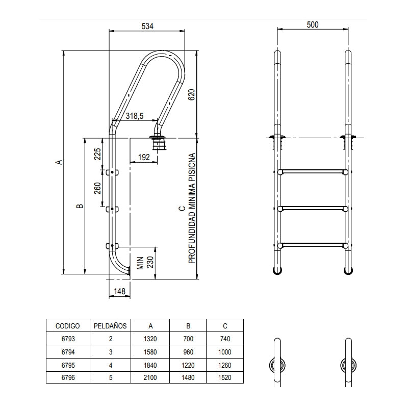 Escalera piscina Mixta 3 Peldaños AISI-304 Aquarama