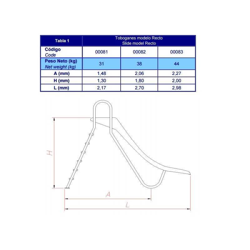 Tobogan para piscina altura 1.800 mm.