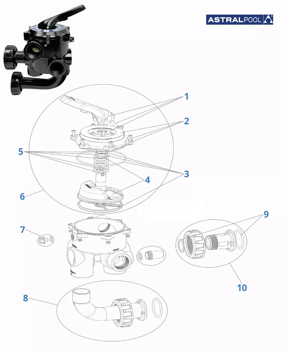 Recambios válvula selectora Astralpool lateral 1" 1/2 tornillos 73950