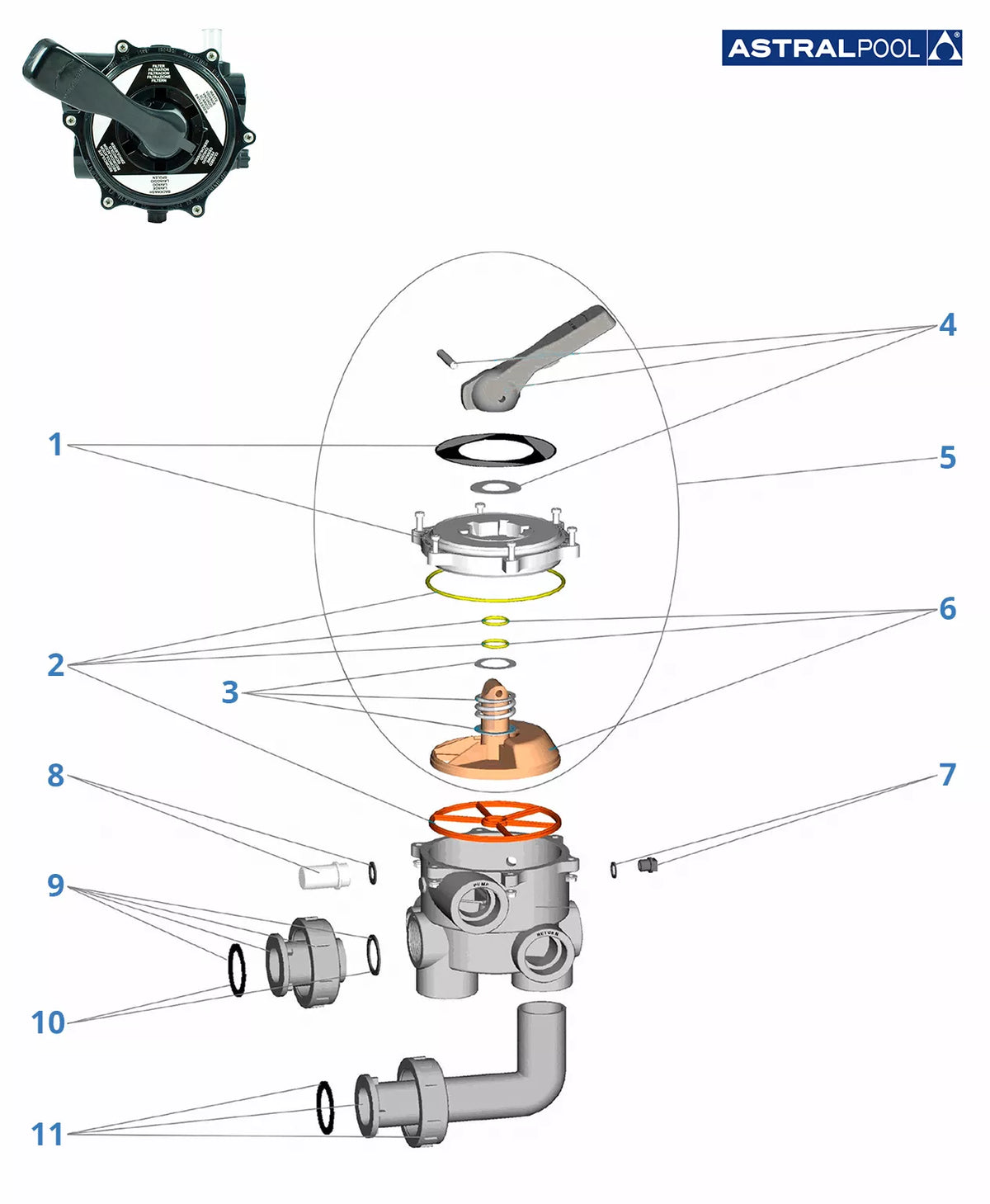Recambios válvula selectora Astralpool lateral 1" 1/2 tornillos 00599