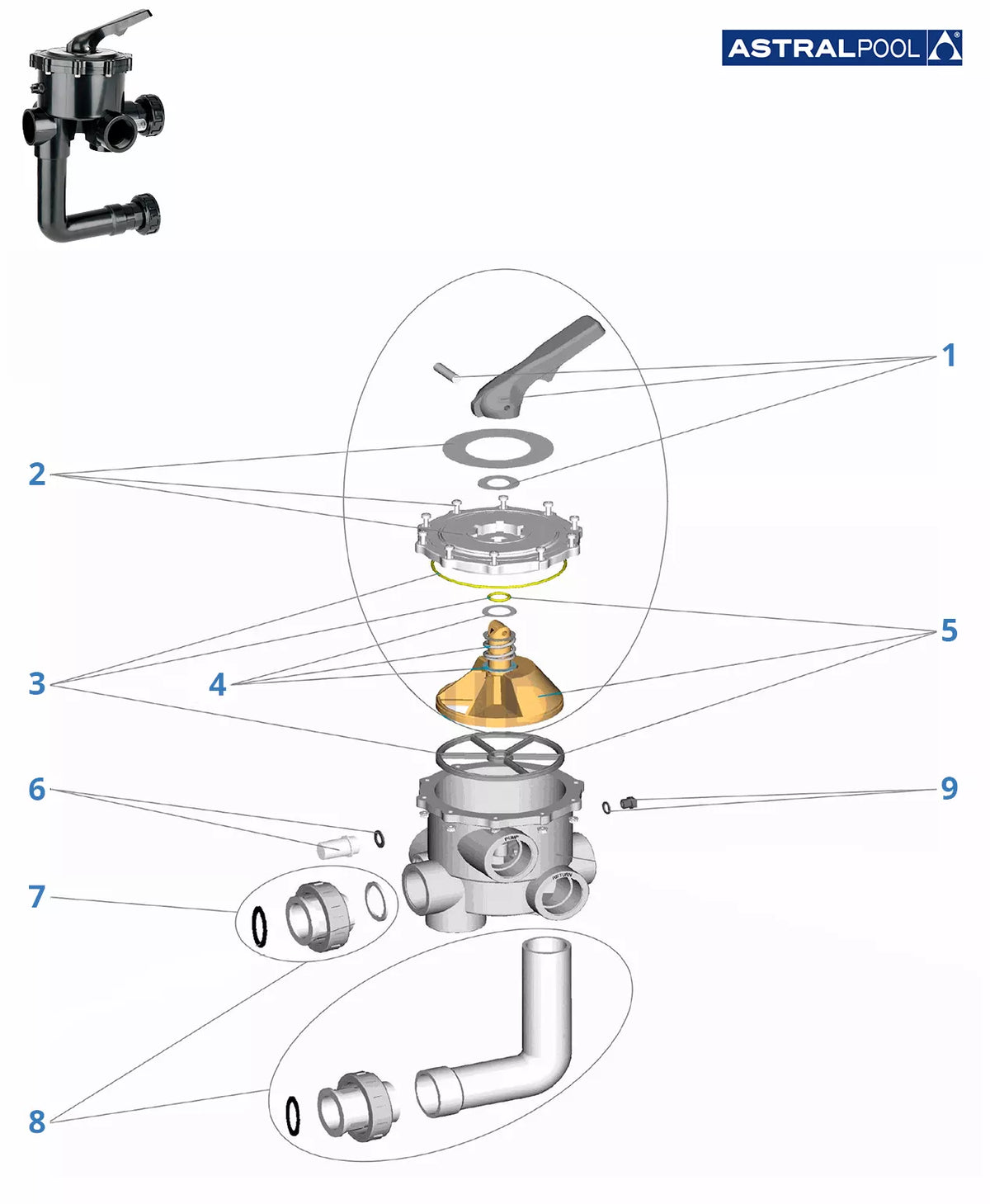 Recambios válvula selectora Astralpool lateral 2" tornillos 07444