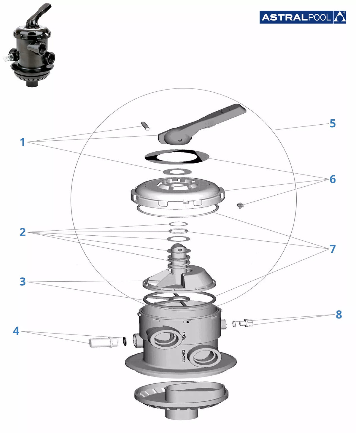 Recambios válvula selectora Astralpool top 1" 1/2 bayoneta 20565