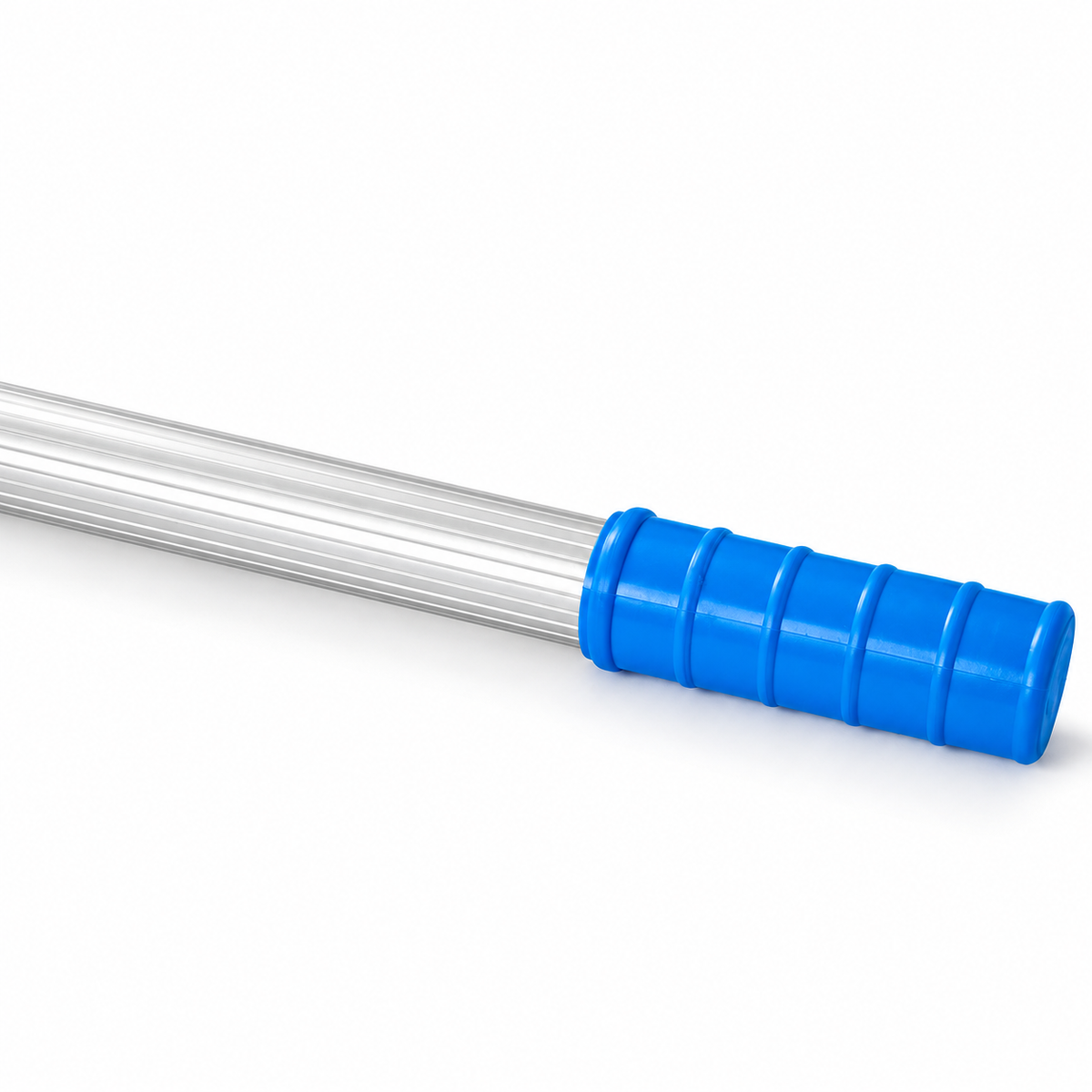 Detalle de la empuñadura azul y tubo de aluminio del mango telescópico