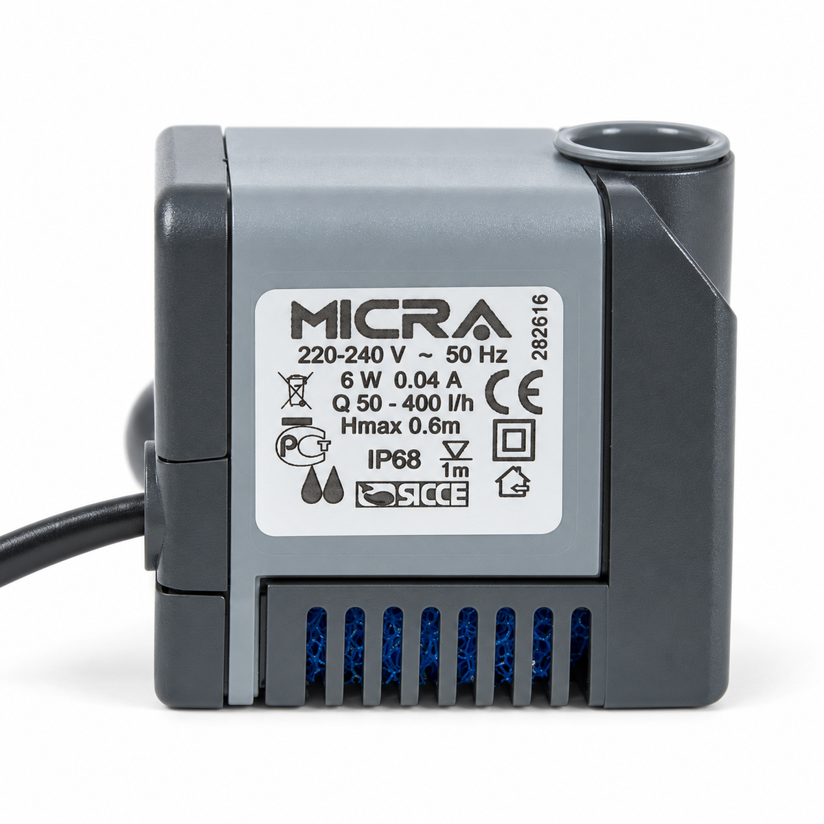 Sicce Micra — Vista de etiqueta técnica y rejilla