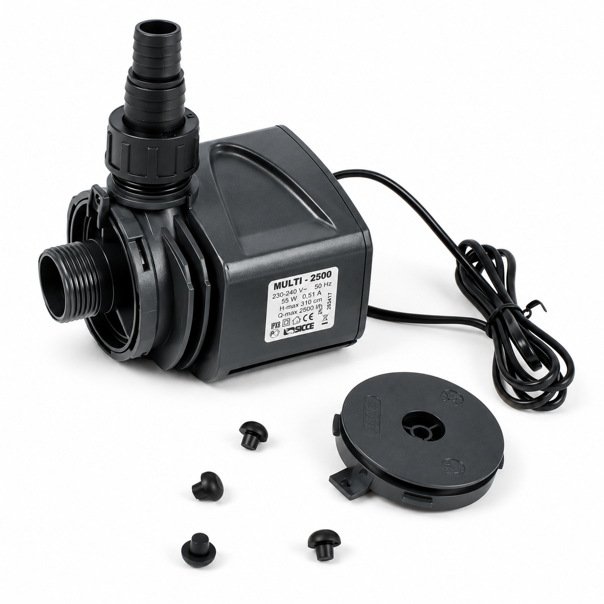 Sicce Multi 2500 — Bomba con adaptador instalado, tapa y cuatro apoyos