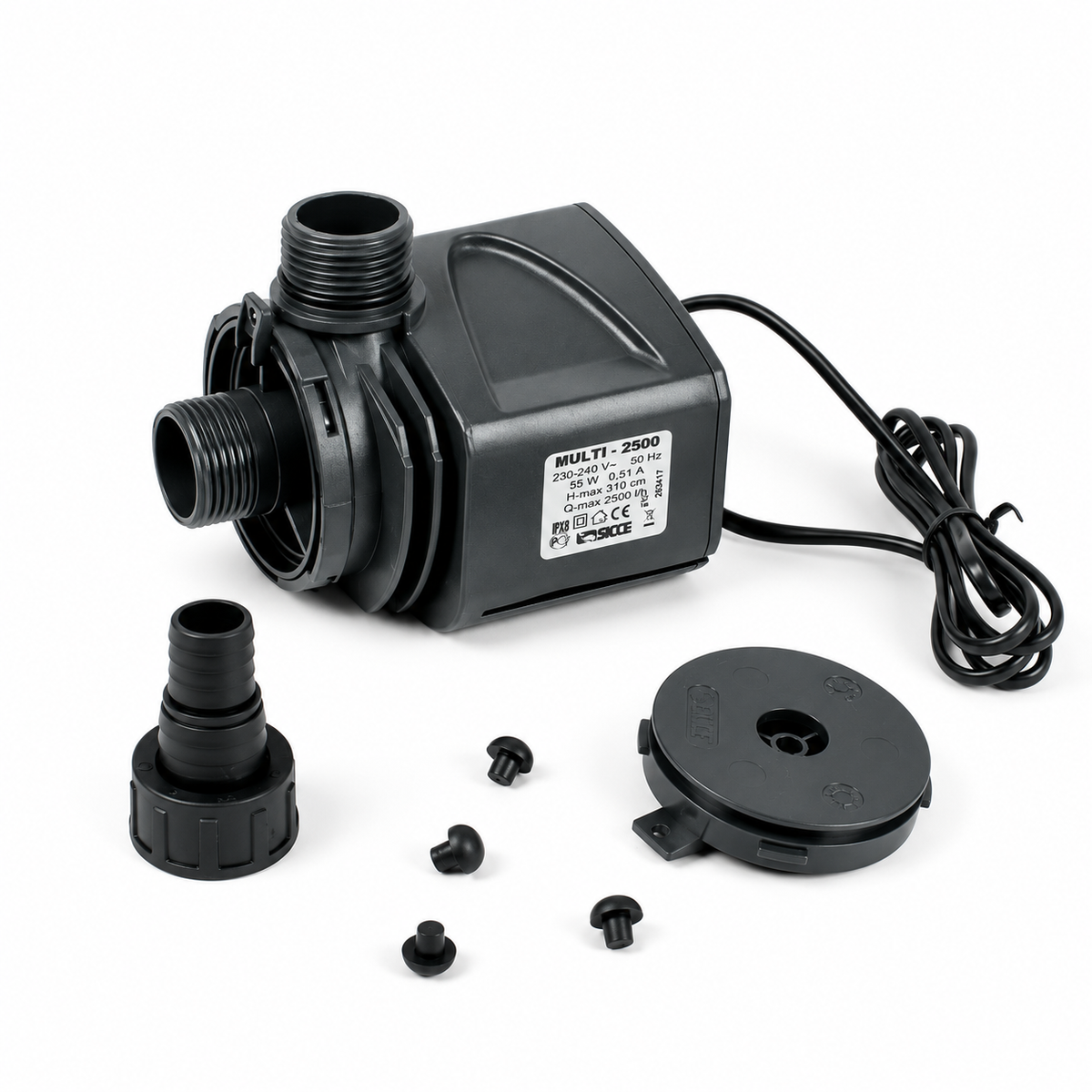 Sicce Multi 2500 — Bomba con adaptador separado, tapa y cuatro apoyos